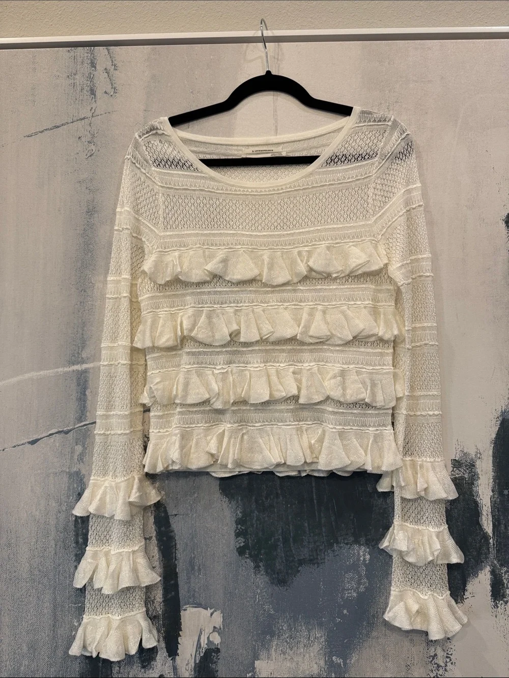 Anthropologie Cream Ruffle Knit Sweater Never Worn